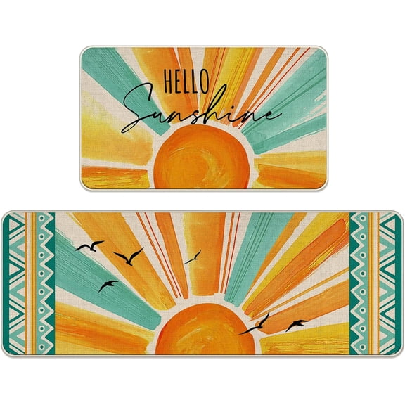 Hello Sunshine Spring Summer Kitchen Rugs Set of 2, Boho Watercolor Sun Seagulls Kitchen Mats Decor, Bohemian Seasonal Floor Door Mat Home Decorations -17x29 and 17x47 Inch