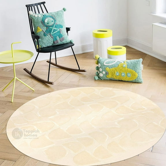 Teppich Homes Cozy 5x5 Handmade Tufted Wool Rug - Beige Geometric Pattern Round Carpet for Living Room And Hallway