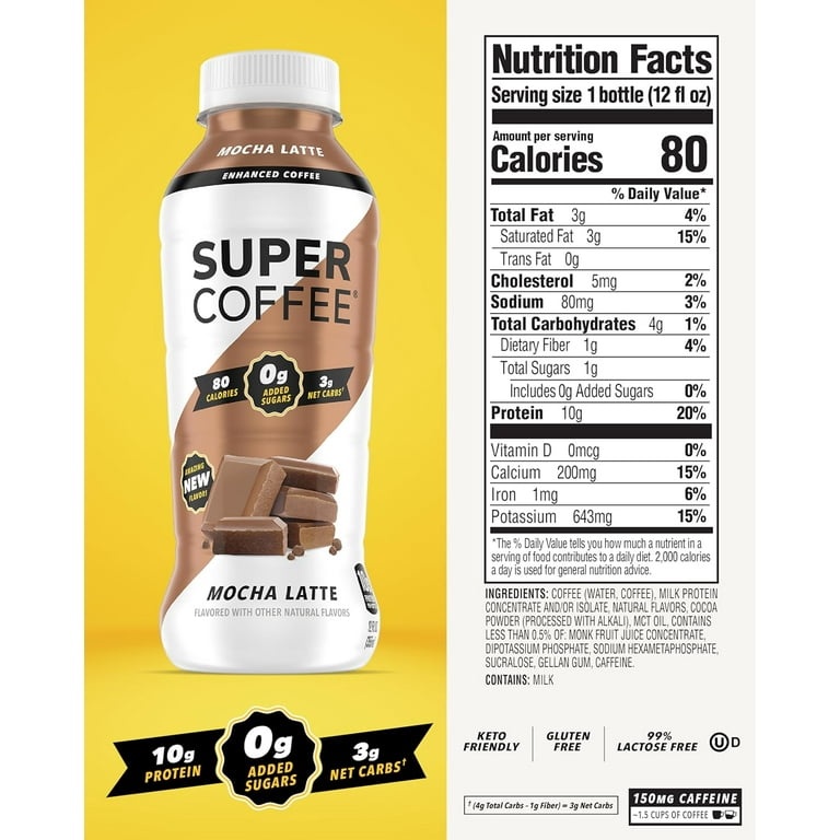Super Coffee Mocha Latte Iced Coffee Bottle 12 fl oz with Cow Milk