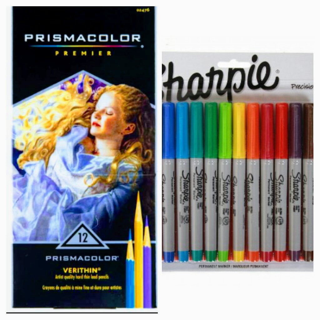 Prismacolor Premier 12 ct Verithin And 12 ct Sharpie Precision markers, Great for Adult Coloring Books