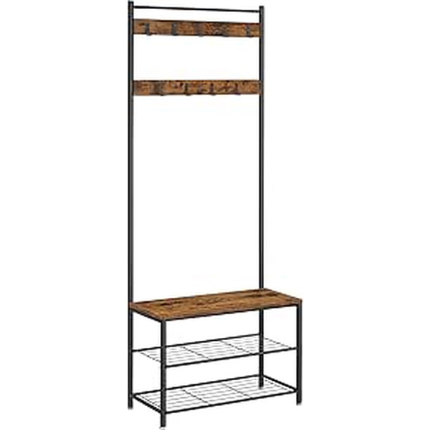 VASAGLE Perchero Zapatero, Perchero con Banco Recibidor, 3 en 1, Estructura de Acero, para Entrada Pasillo, 32 x 70 x 175 cm, Industrial, Marrón Rústico y Negro