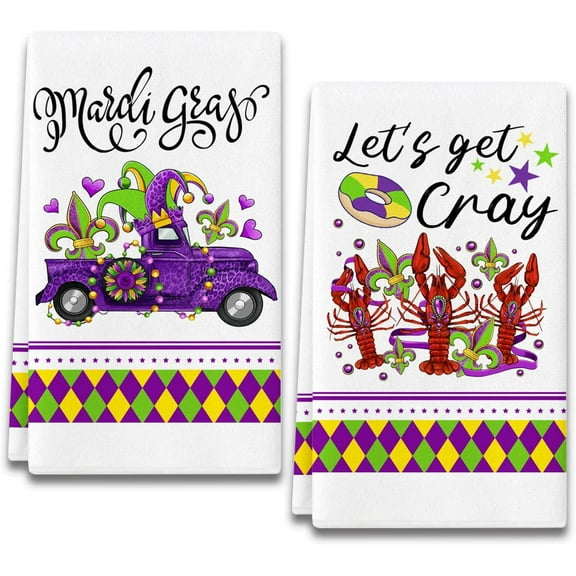 SPXUBZ Mardi Gras Kitchen Towels, Happy Mardi Gras Crawfish Purple Truck Towels for Home Kitchen Holiday Decor Housewarming Gift Towels Set of 2