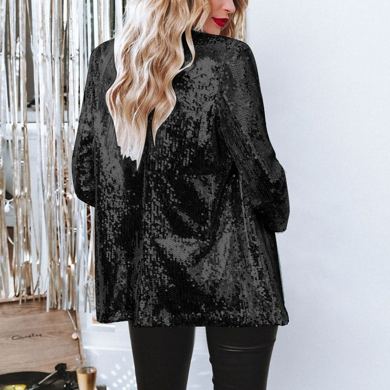 Women Sequins Sequin Jacket Casual Long Sleeve Glitter Party Shiny Lapel Coat Rave Outerwear Wool Duster Coat Ladies Vests Heat Reflective Coat Heavy