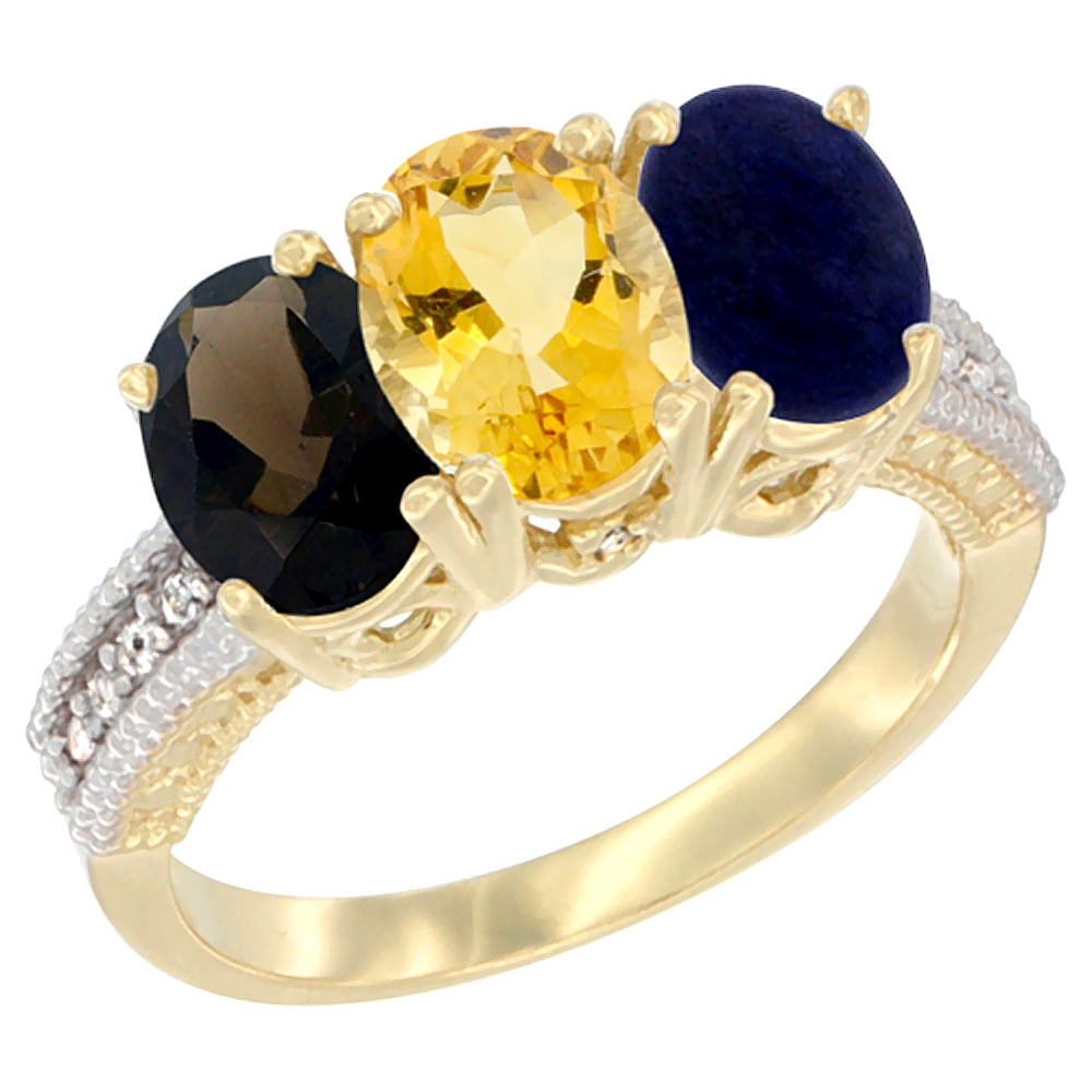 10K Yellow Gold Diamond Natural Smoky Topaz, Citrine & Lapis Ring 3-Stone 7x5 mm Oval, sizes 5 10 by WorldJewels