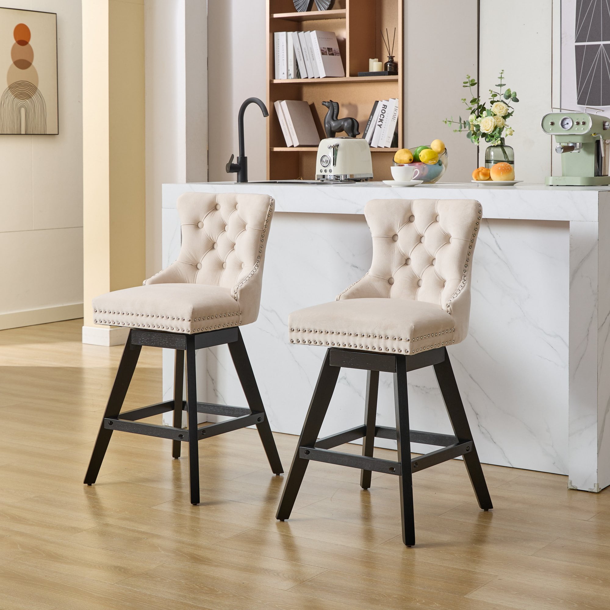 Swivel Bar Stools Set of 2, Velvet Counter Height Bar Stools with Back, Swivel Dining Chair with Button Tufted and Wooden Legs, Kitchen Chair Counter Stools for Kitchen Island Kitchen Counter, Beige