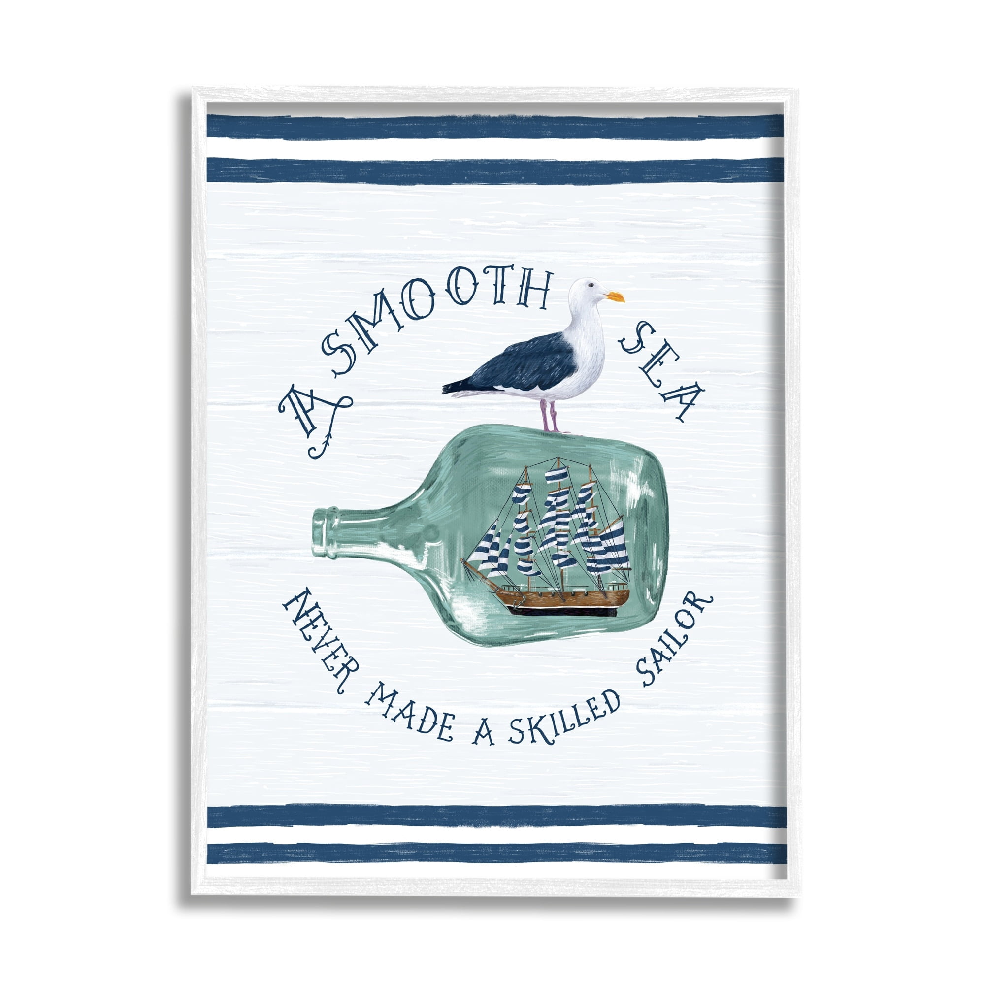 Stupell Industries Nautical Beach Saying Seagull Grainy Stripes Pattern Graphic Art White Framed Art Print Wall Art, Design by Raquel Maciel