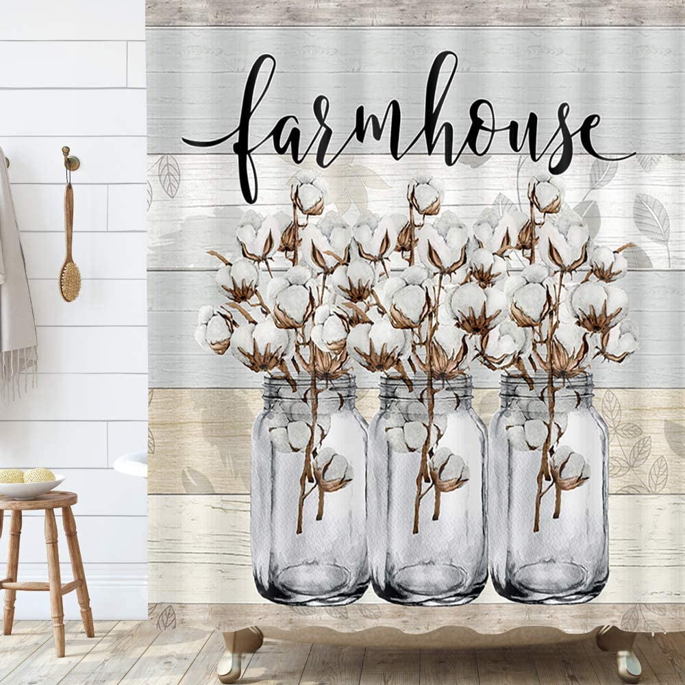 Farmhouse Floral Shower Curtain, Cotton Flower in Gray Mason Jar Rustic
