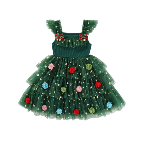 WIBACKER Toddler Baby Girl Xmas Princess Dress Ruffle Sleeveless Summer Tutu Dresses Tiered Ruffle with Pom Poms Tulle Sundress 1-6Y
