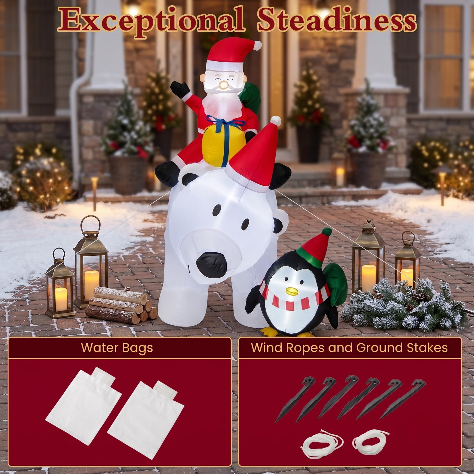 RUIE 7 Ft Inflatable Santa Claus Riding Bear with Penguin, Gift Bags and Gift Box, LED Lighted Christmas Yard Inflatable Blow Up Outdoor Holiday Decoration, Multicolor
