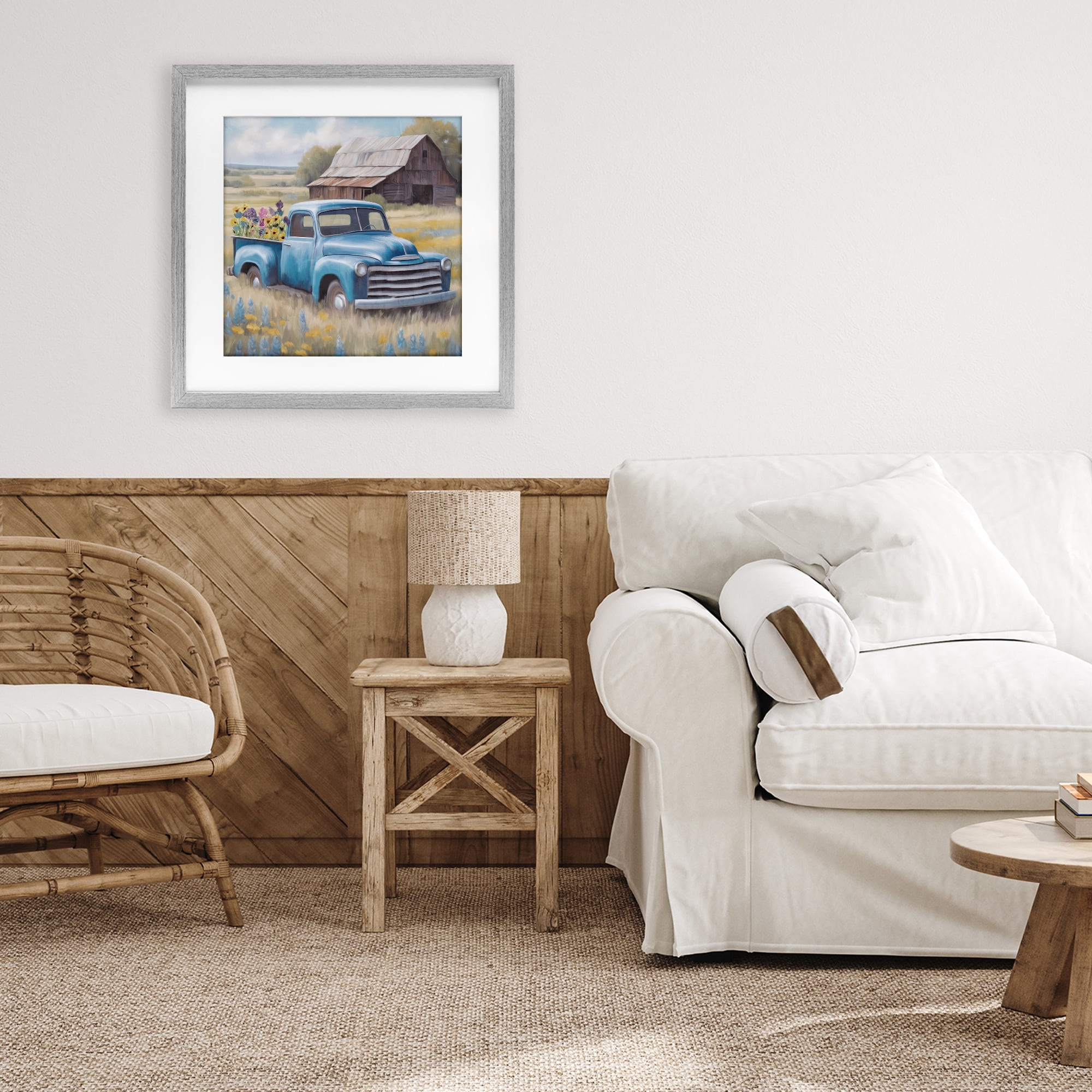 Stupell Industries Flower Truck in Antique Blue Gray Framed Print Under Glass, design by Kim Allen