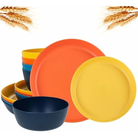 EI 12pcs Wheat Straw Plates,Plates and Bowls Sets,Unbreakable Plastic Plate,Wheat Straw Dinnerware Set-Orange,Yellow,Blue and Dark Blue,Dinner Plates Set of 4,Plastic Dishes Set$$