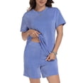 thumbnail image 2 of Asklazy Two Piece Sets for Women Summer Travel Vacation Outfits Pleated Short Sleeve Lounge Sets,Mother‘s Day,Blue,L, 2 of 9