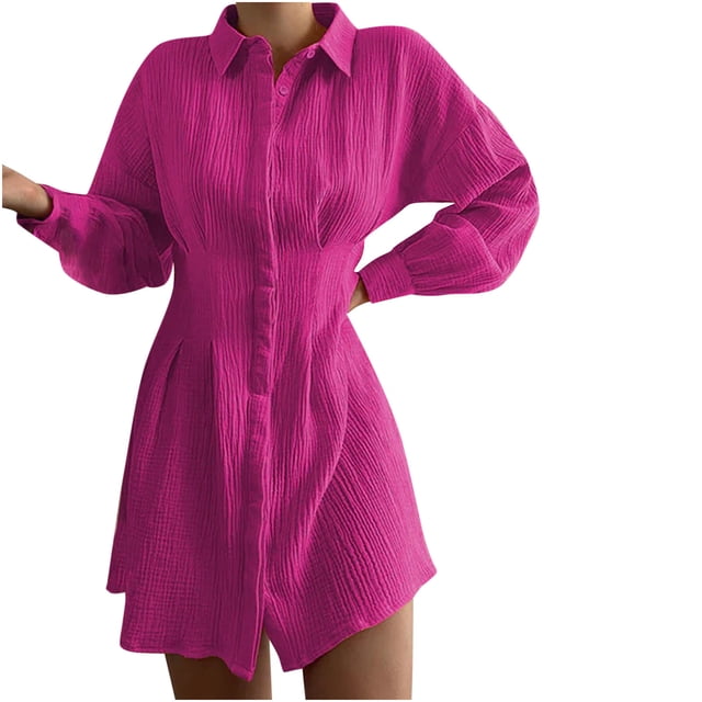Vestidos Para Mujer Vestidos Casuales Cuello Vuelto Manga Larga Botones Sólidos Vestidos Largos Fruncidos Odeerbi ODB139091