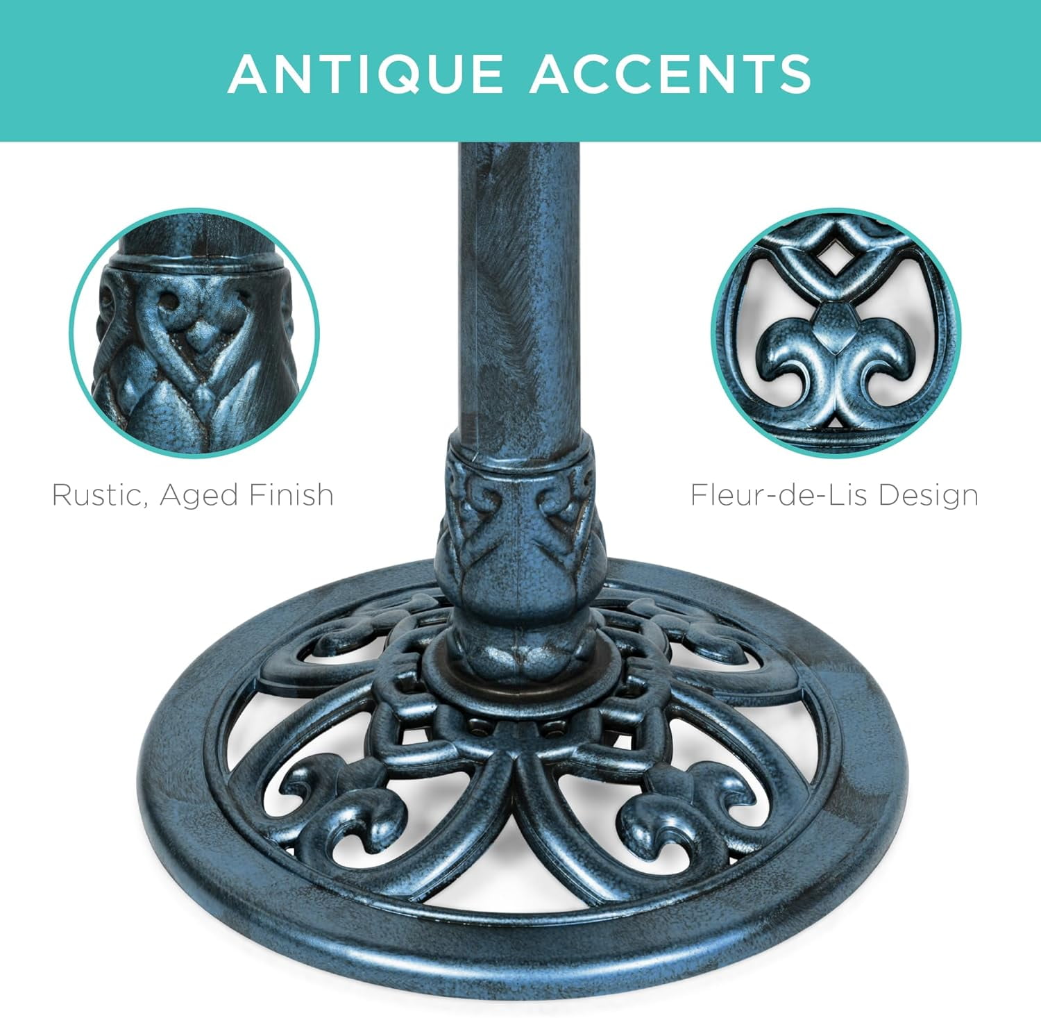 NIUMU  28in Pedestal Bird Bath, Vintage Outdoor Resin Accent Decoration w/Fleur-de-Lis Accents - Peacock Blue