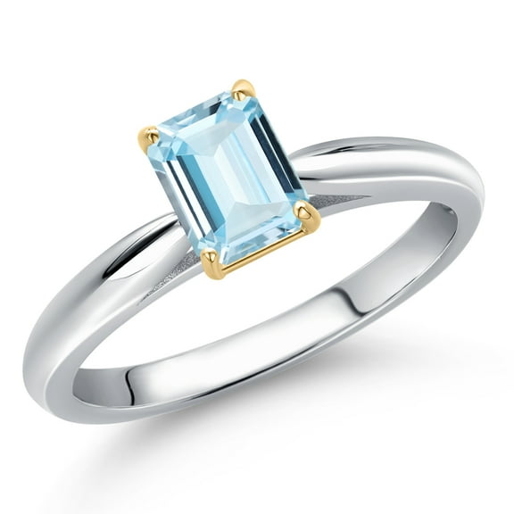 Gem Stone King 925 Silver and 10K Yellow Gold Sky Blue Aquamarine Engagement Ring for Women | 0.50 Cttw | Emerald Cut 6X4MM | Gemstone March Birthstone | Size 7
