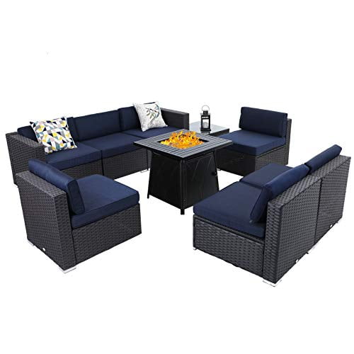 Sophia William Patio Furniture Sectional Sofa Set With Gas Fire Pit Table 9 Piece Wicker Rattan Outdoor Conversation Sets W Coffee Csa Approved Propane Navy Blue Square Com Sophia William Patio Furniture, Patio Furniture Sectional With Fire Pit