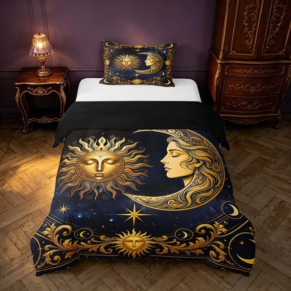 Homewish Mystic Sun Moon Twin Duvet Cover, Cosmos Stars Twin Bedding, Gold Dark Blue, Black Reversible 2pcs, 1 Duvet Cover and 1 Pillowcase