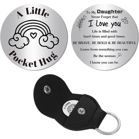 Pocket Hug Token Long Distance Relationship Keepsake Stainless Steel Double Sided Inspirational Gift with PU Leather Keychain for Family Friends Daughter 1.2 x 1.2 Inch for DIY Rainbow