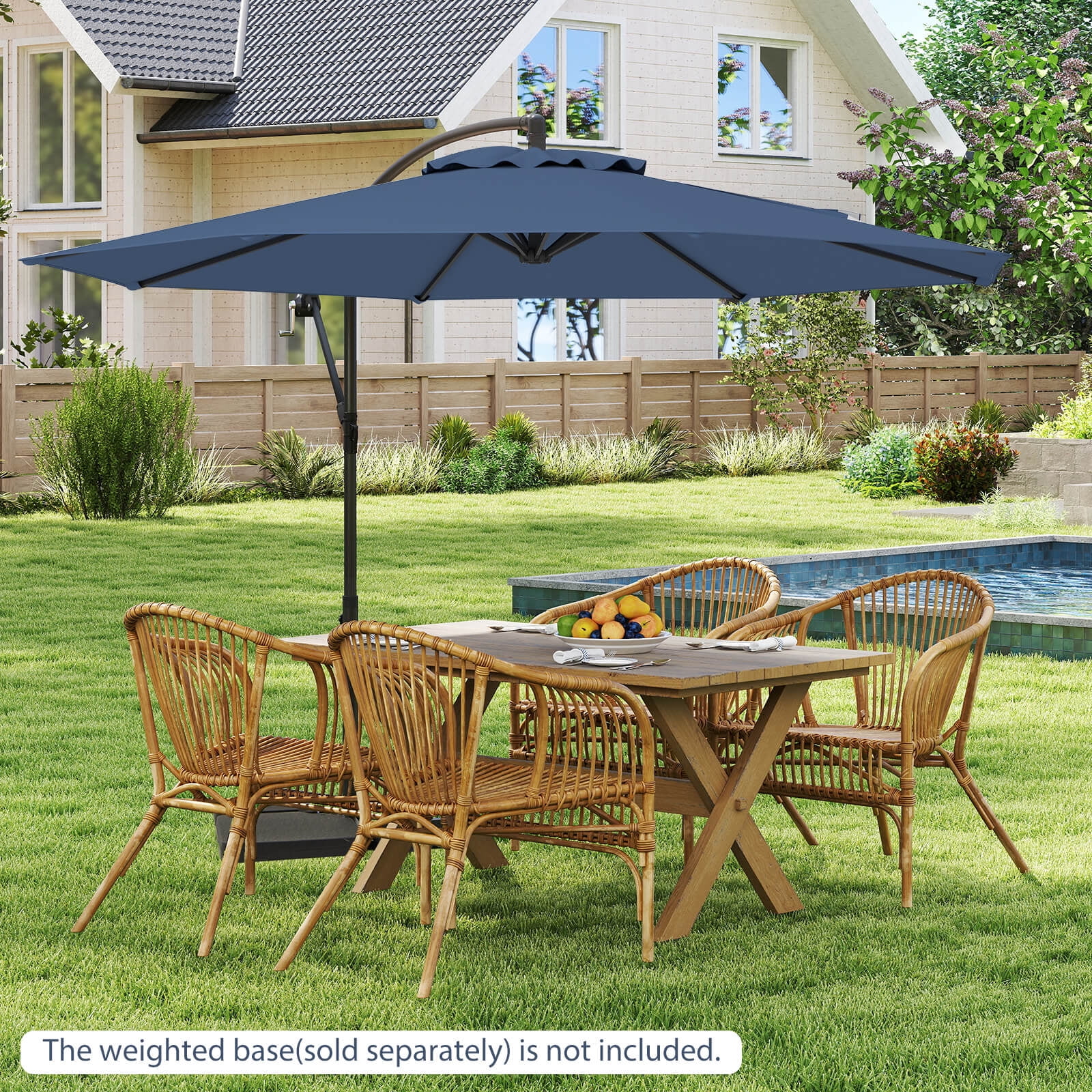 Costway 10' Hanging Umbrella Patio Sun Shade Offset Outdoor Market W/ Cross Base Blue