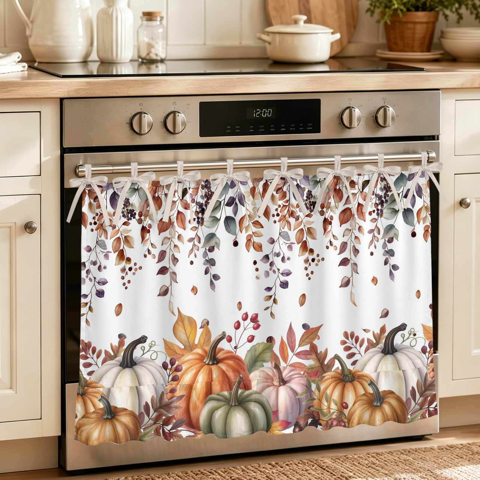 Oven Skirt Curtain for Kitchen 24x32 Inch Vintage Fall Oven Curtain with 8 Ribbon Ties & Ruffle Trim Stove Skirt Curtain Dishwasher for Cabinets Over Sinks Orange Sage Green Pumpkins Thanksgiving