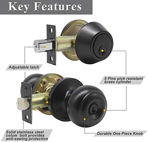 10 Sets of Front Exterior Door Knob Set with Single Cylinder Deadbolts in Flat Black Finish,Keyed Alike