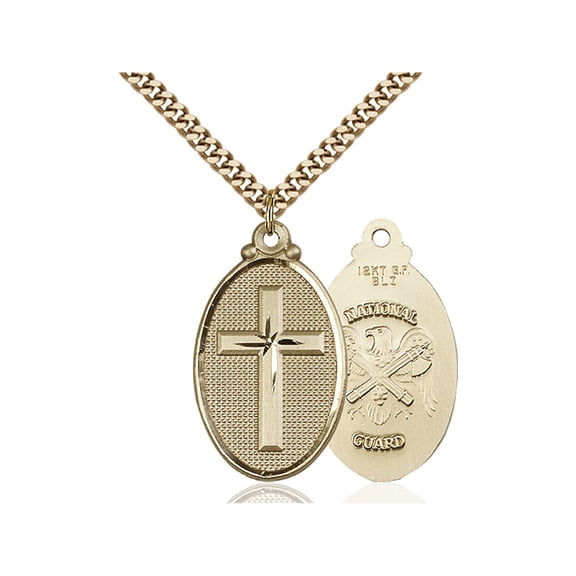 Gold Filled Cross / National Guard Pendant 1 1/4 x 5/8 inches with Heavy Curb Chain