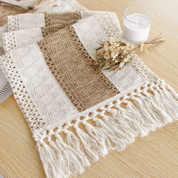 Boho Table Runner 48 Inches Long with Tassels Thanksgiving Farmhouse Home Decor Rustic Cream & Brown Macrame Table Runner for Dining Bedroom Baby Bridal Shower Decor(12x48 Inches)