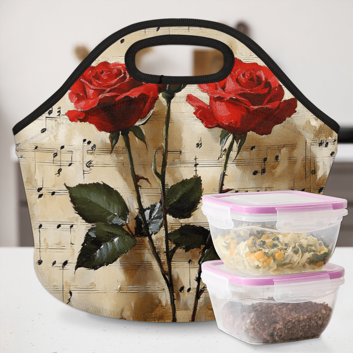Herdesigns Red Rose Insulated Lunch Bag Neoprene Lunch Box for Women Men Soft Cooler Bag Rose Floral Washable Lunch Tote for Work Outdoor Picnic