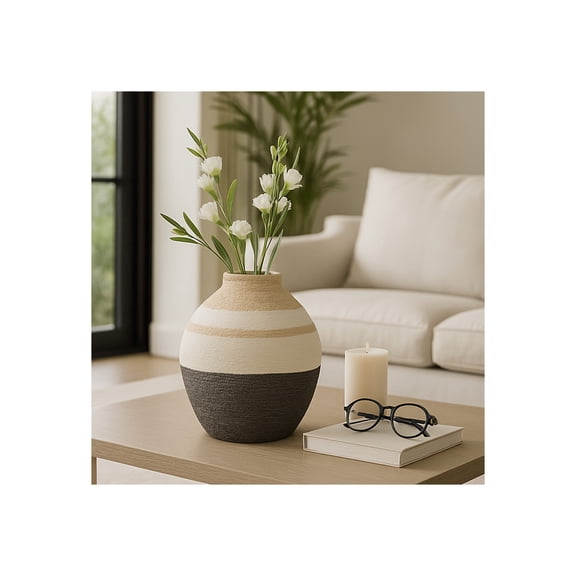 Textured Ceramic Striped Vase for Living Room Decor and Home Accents - Modern Decorative Flower Vase for Room, Bedroom, or Office Display - Ideal for House and Table Styling - 13", Tan & Ivory