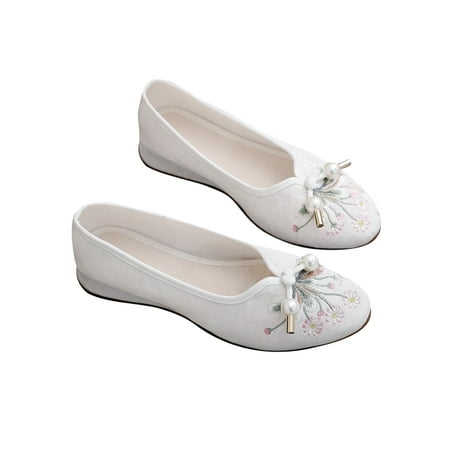 

GENILU Women Non-Slip Casual Dance Shoe Embroidered Floral Walking Slip On Wedge Heel Pump White 5