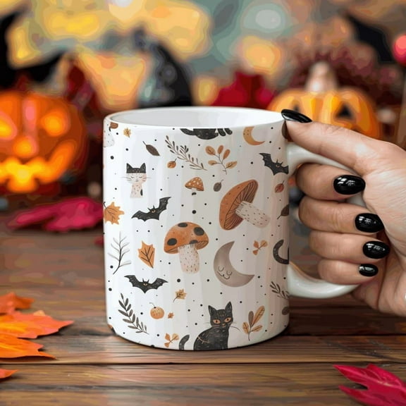 11oz Whimsical Woodland Halloween Mug, Cats Mushrooms Bats Moons Fall Cat Witchy Coffee Cup, Autumn Magical Woodland Vibe Mug, Spooky Season Mug
