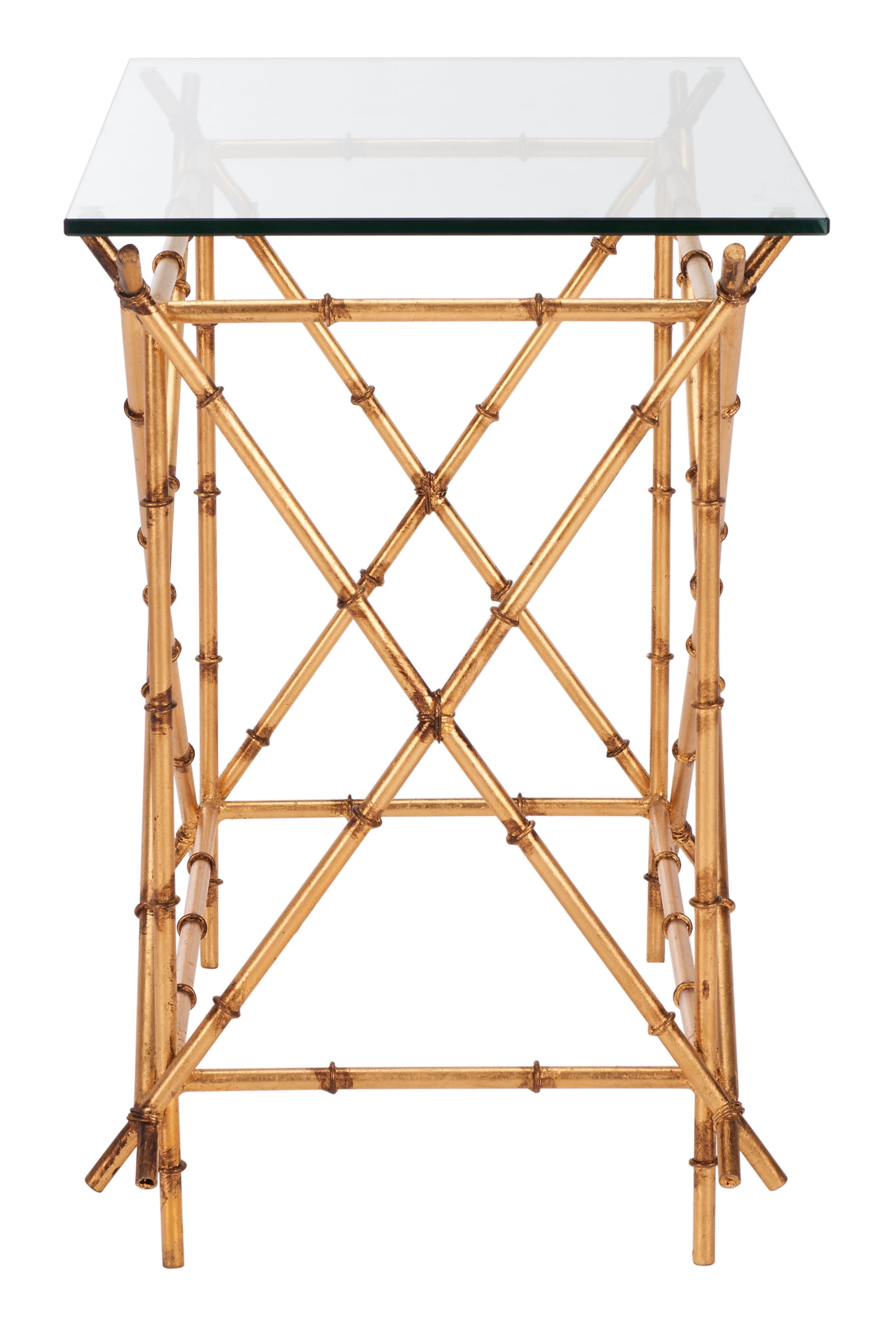 SAFAVIEH Mark 23.2 in. H Cross Accent Table, Clear Glass Top/Gold Legs