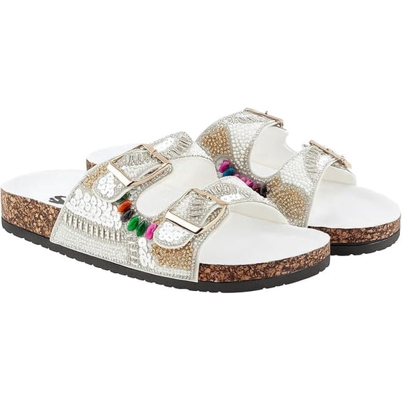 Women's Fancy Beaded Handmade Sequin Slide Sandals with Buckle Straps, White, 6
