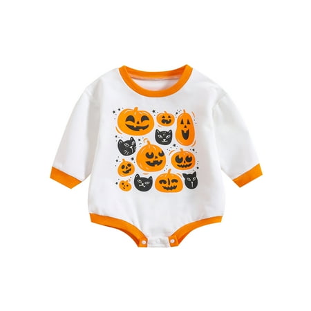 

Baby Halloween Romper Pumpkin Black Cat Print Long Sleeve Bodysuit