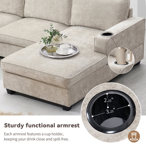 117.5" U-Shaped Chenille Sectional Sofa, 6-Seat Corner Couch Set with Cup Holders & Oversized Chaise Lounge, Irregular Corner Design for Living Room & Apartment, Beige
