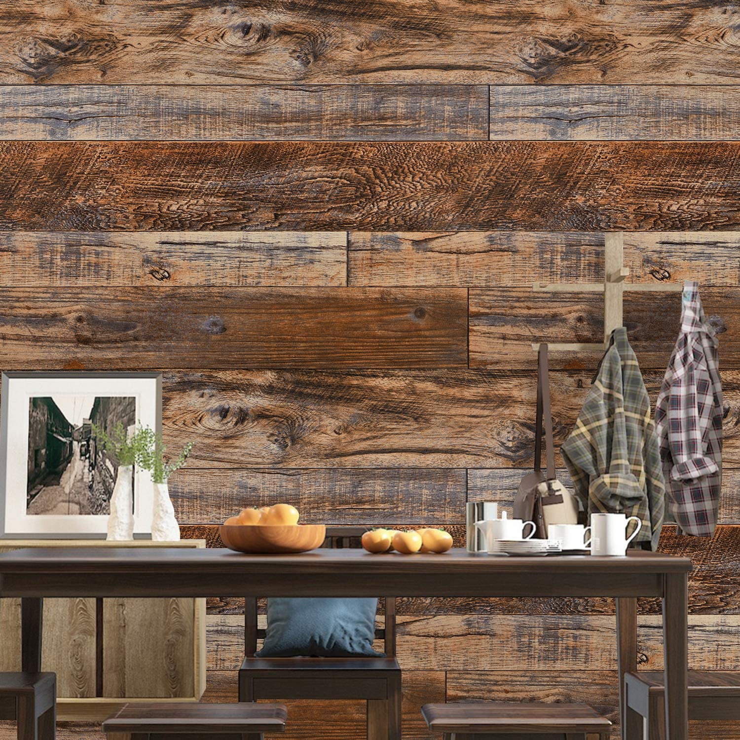 DAZLUTE Brown Wood Wallpaper Peel and Stick Wallpaper 17.71" x 1181",Shiplap Self Adhesive Removable Wallpaper,Emulate Wood Contact Paper
