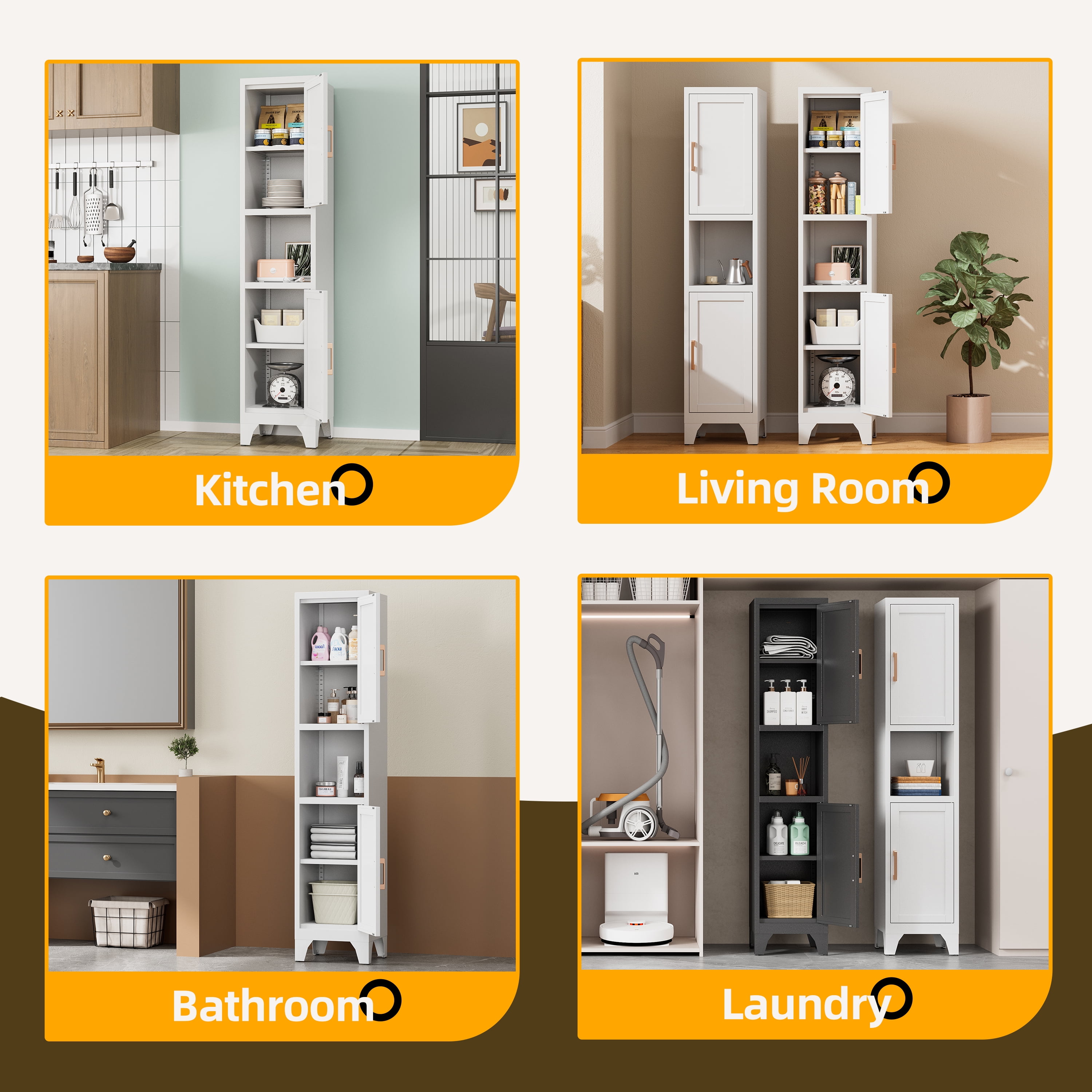 67" H White Metal Narrow Pantry Cabinet with 2 Doors and 2 Adjustable Shelves, 5 Tier Small Thin Storage Cabinet with Legs and Gold Handle for Kitchen,Home Office,Bath,Laundry,Easy Assembly