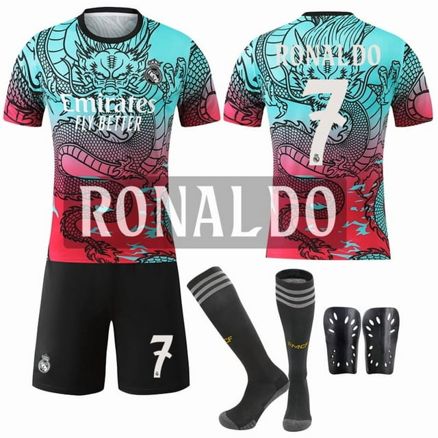 2526 New Dragon Gradient Color No. 9 Mbappe 7 Vinicius Real Madrid Special Commemorative Edition Football Jersey Set No. 7 Ronaldo with Socks + Protective Gear SetXS