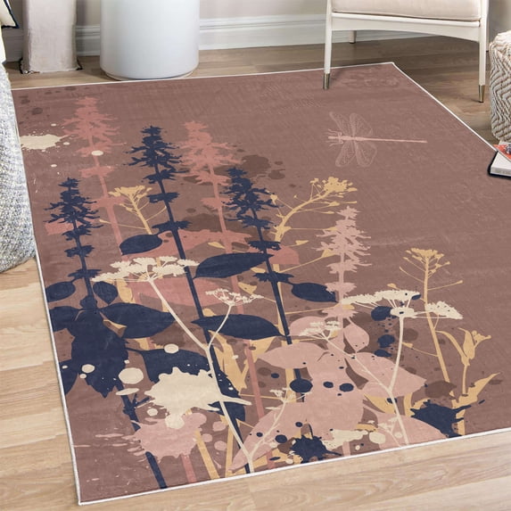 Dragonfly Decorative Rug, Nature Plants Grass with Wildflowers with Paintbrush Effects Print Art, Quality Carpet for Bedroom Dorm and Living Room, 6 Sizes, Pale Chocolate, by Ambesonne