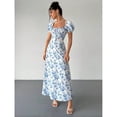 thumbnail image 4 of Blue And White Floral Print Square Neck Puff Sleeve Maxi Dress For Women, 4 of 5