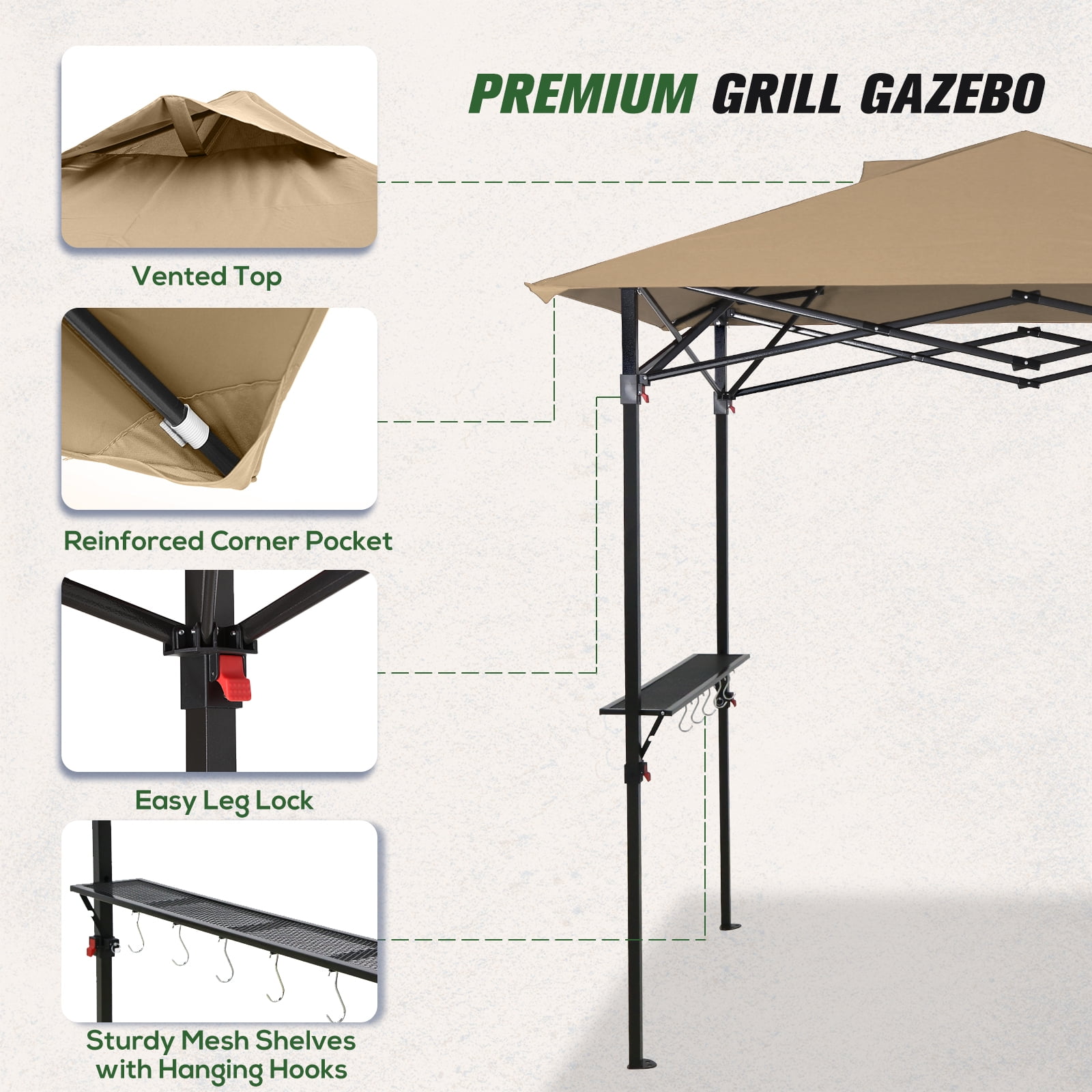 COOS BAY 8'x5' Pop up Grill Gazebo Portable BBQ Gazebo Canopy Tent with Carry Bag, Outdoor Barbeque Shelter, Beige