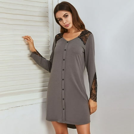 

[Big Save!]Ladies New Lace Stitching Solid Color Plus Size Pajamas Nightgown