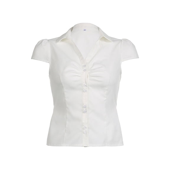 Rdhnmea Women's Button Down Shirts Cap Sleeve Lapel Collar Tie Back Tops