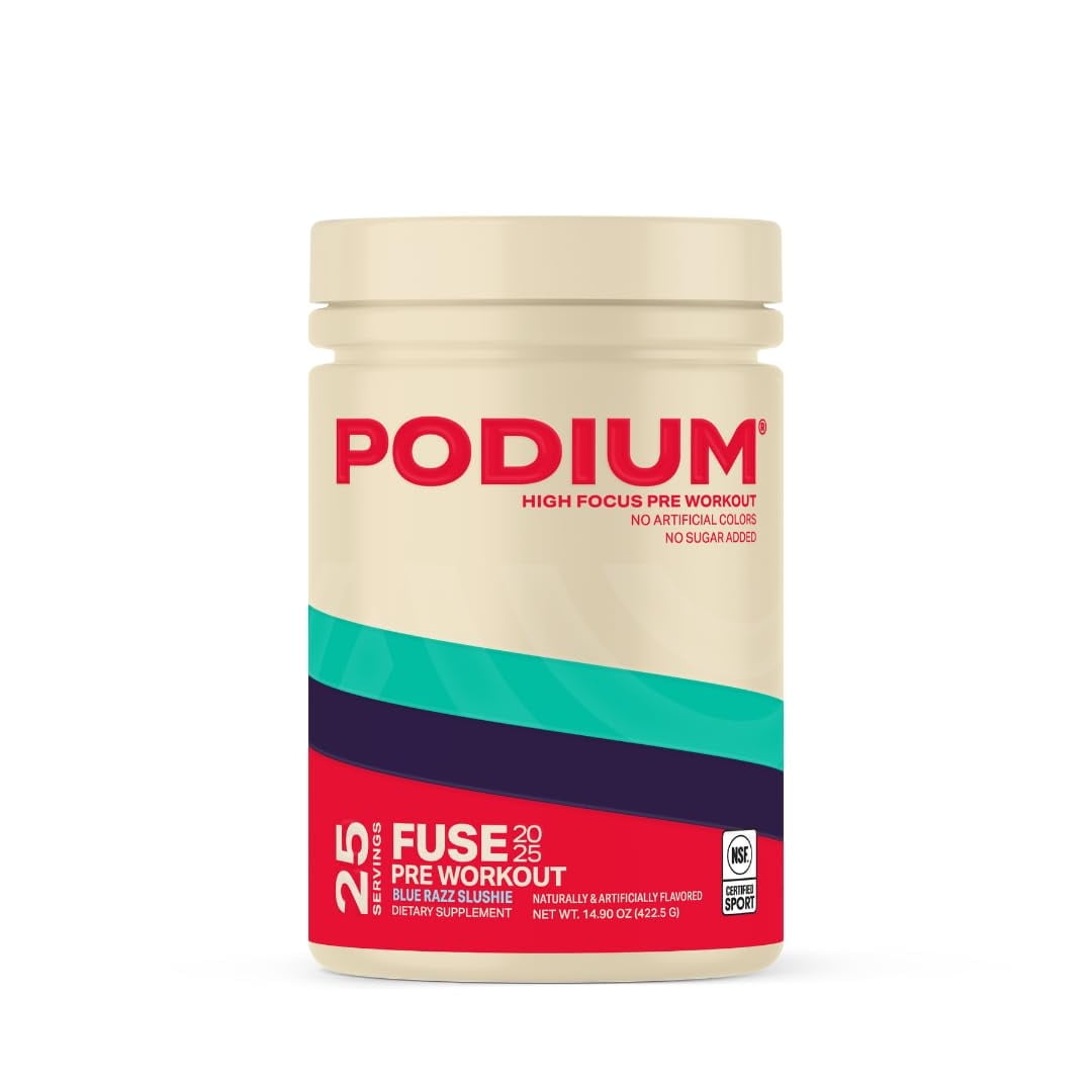 Podium Nutrition, Fuse 2025 Pre Workout Powder, Blue Razz Slushie, 25 Servings, Beta Alanine and Caffeine for Energy, Gluten Free, Soy Free, Dairy Free