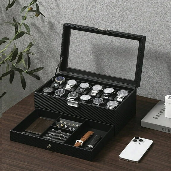 JQDWMDLX High End Watch Box for Men, 12 Slot Wooden Watch Case With Drawer, 2-Layer Watch Holder for Jewelry and Watch Storage for Men Women,Black
