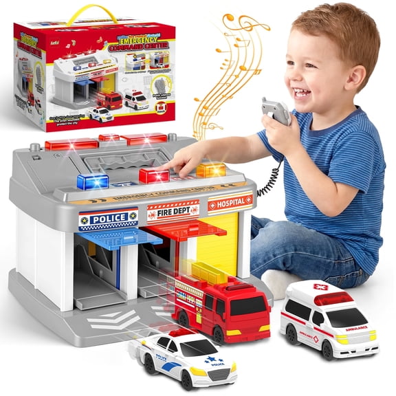 Hot Bee Rescue Station Playset for Kids, Emergency Command Center Garage Toy with Police Car, Ambulance & Fire Truck, Lights, Sounds & Launch Action, Pretend Play Gift for Boys & Girls  3 