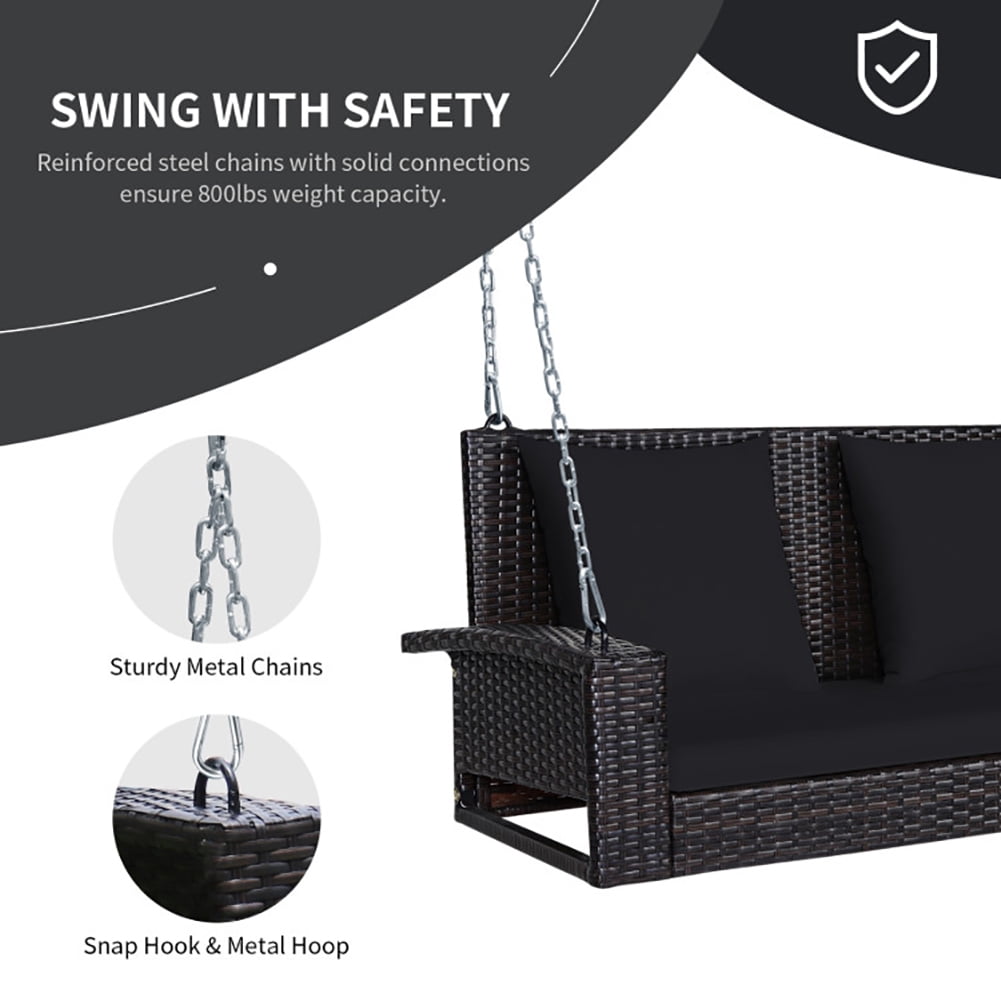 Aimee Lii 2-Person Patio Rattan Porch Swing with Cushions, Outdoor Patio Furniture, Black