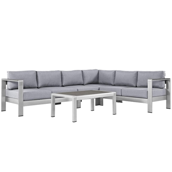 Modway Shore 5 Piece Outdoor Patio Aluminum Sectional Sofa Set in Silver Gray