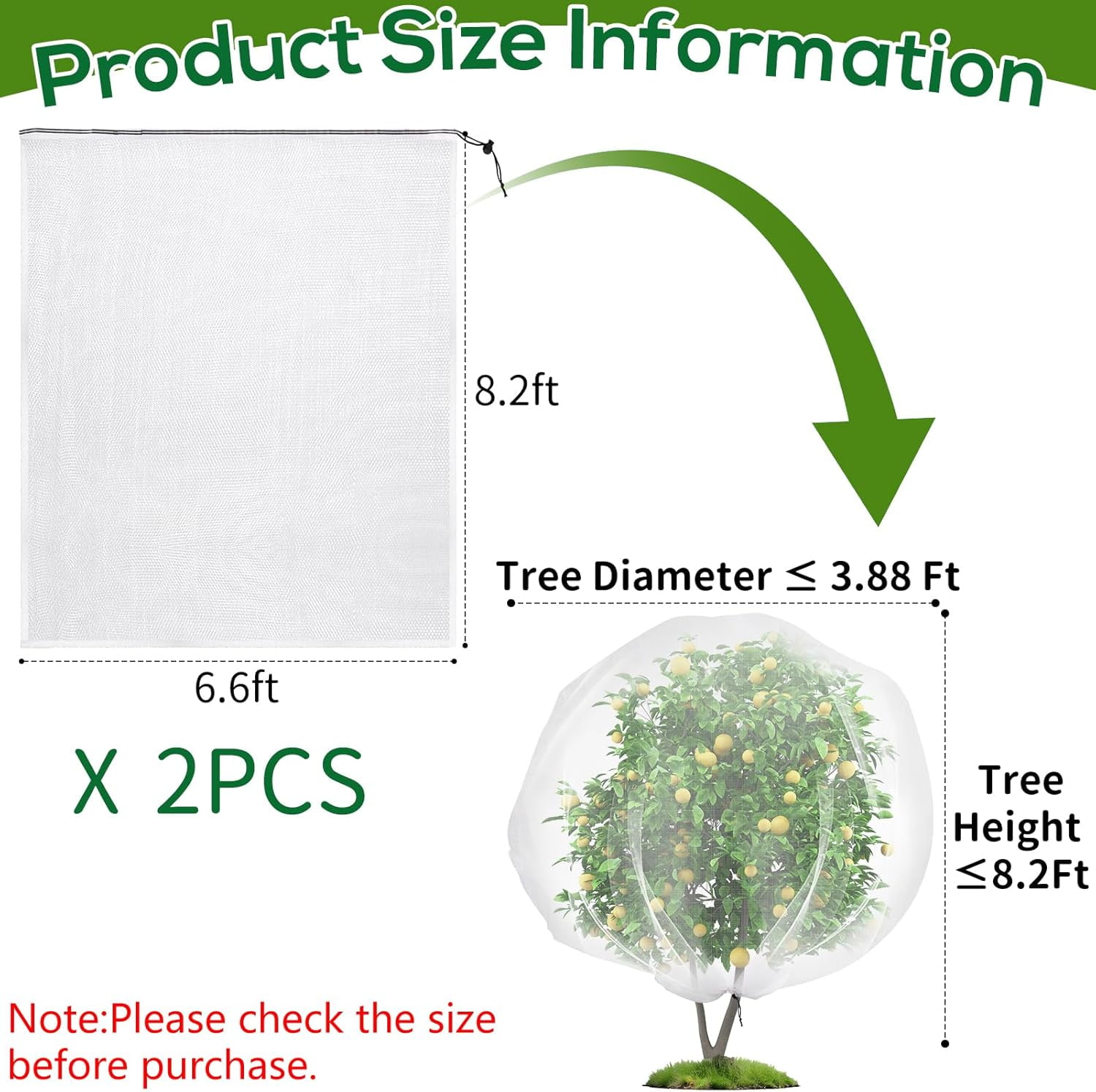 2PCS Fruit Tree Netting with Drawstring, 8.2 x 6.6 ft Ultra-Fine Mesh Garden Insect & Bird Protection Cover, Breathable Reusable Tree Netting for Citrus, Apple, Peach & Shrubs