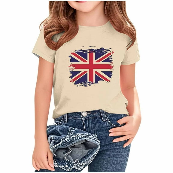 AUNVITO Kids British Flag Print Casual Loose Fit Round Neck Short Sleeve T-Shirt Comfortable Top